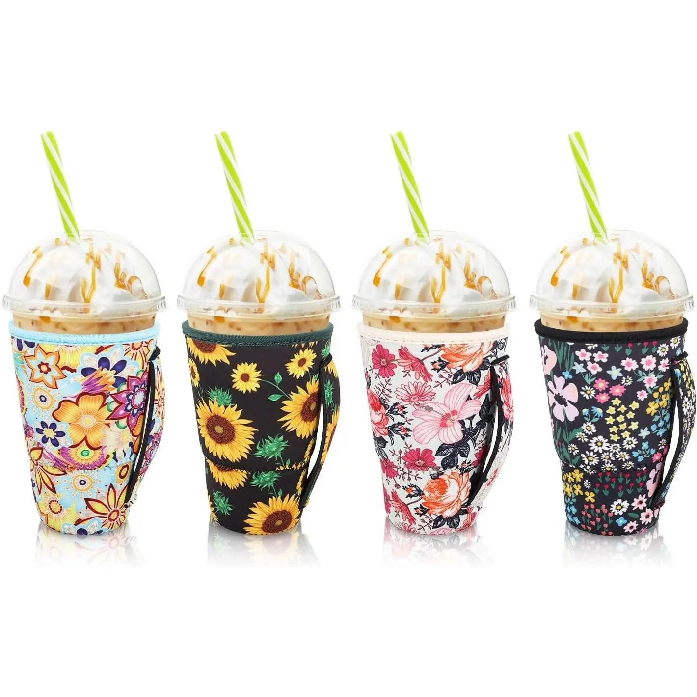 4Pack Reusable Insulated Iced Coffee Sleeves for Cold Drinks, Neoprene Cup Holder Fits 30-32oz Large Cups (Floral Meadow)