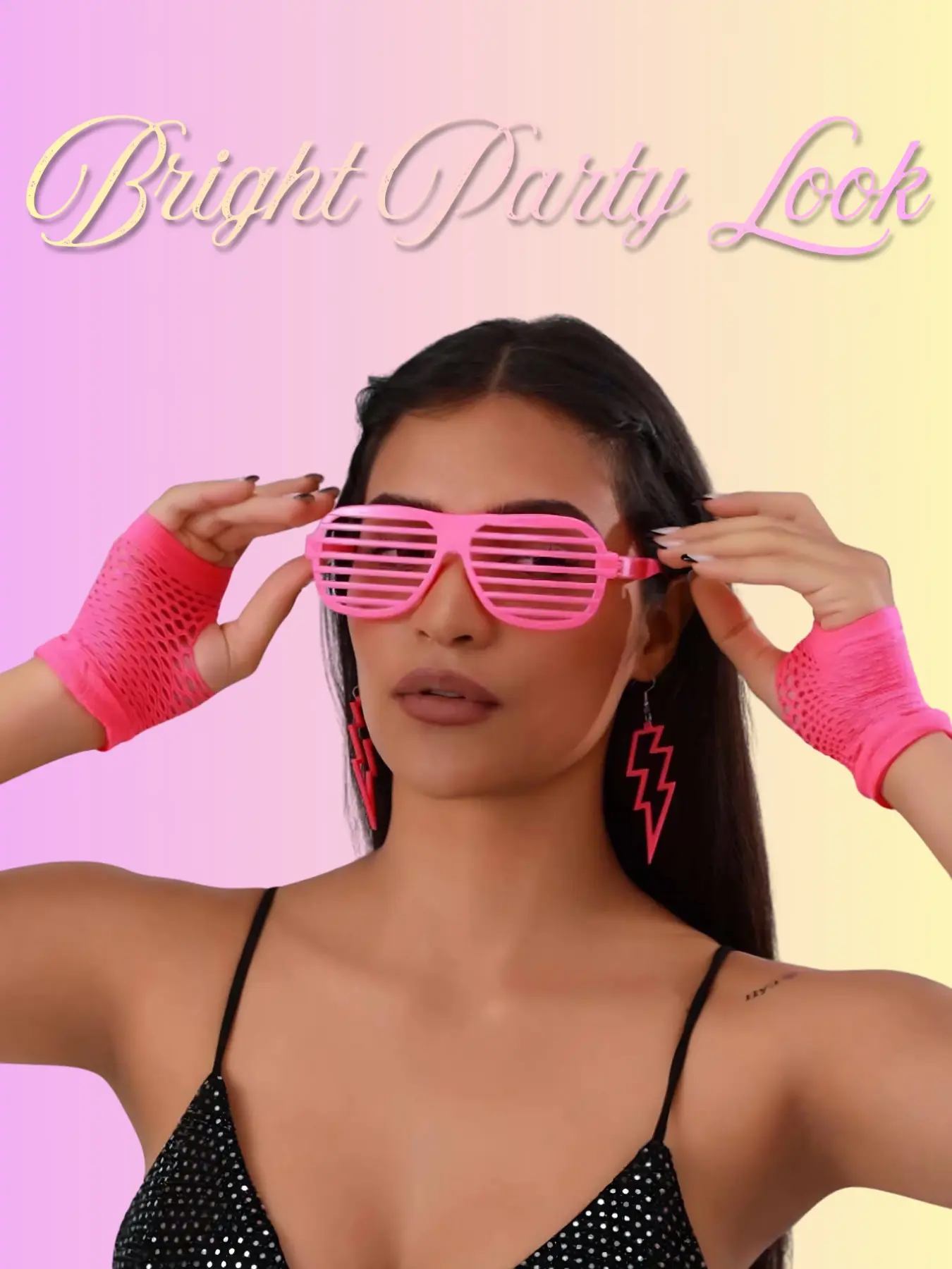 80s Neon Party Set, Vintage Style, Includes Mesh Gloves, Venetian Sunglasses, Lightning Earrings, Perfect for Women and Girls, Party Photo Prop
