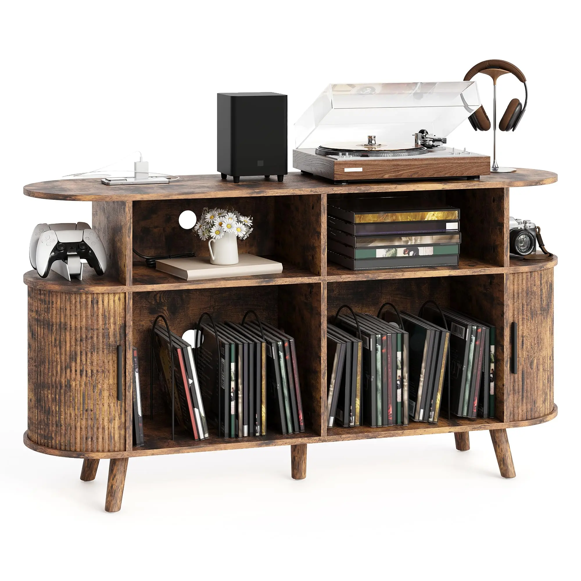 55" Large Record Player Stand with Charging Station, Holds 300+ Vinyls - Mid-Century Modern Turntable Stand with Metal Hairpin Legs