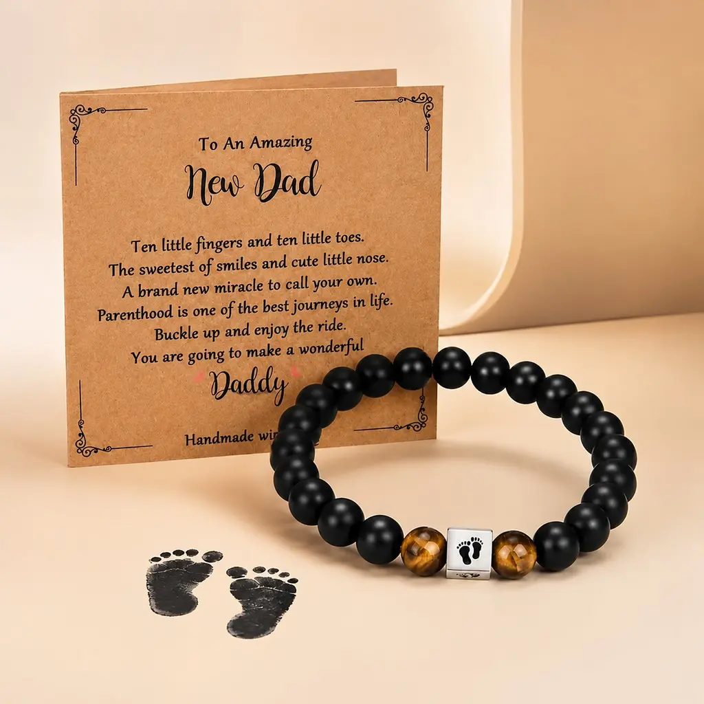 First Father's Day Gifts for New Dad, Handmade Obsidian & Tiger Eye Beaded Bracelet with Baby Footprint Alloy Charm, Adjustable Elastic Casual Wristband Jewelry Set with New Dad Greeting Card, Sentimental Keepsake Present for Husband Daily Wear Birthday H
