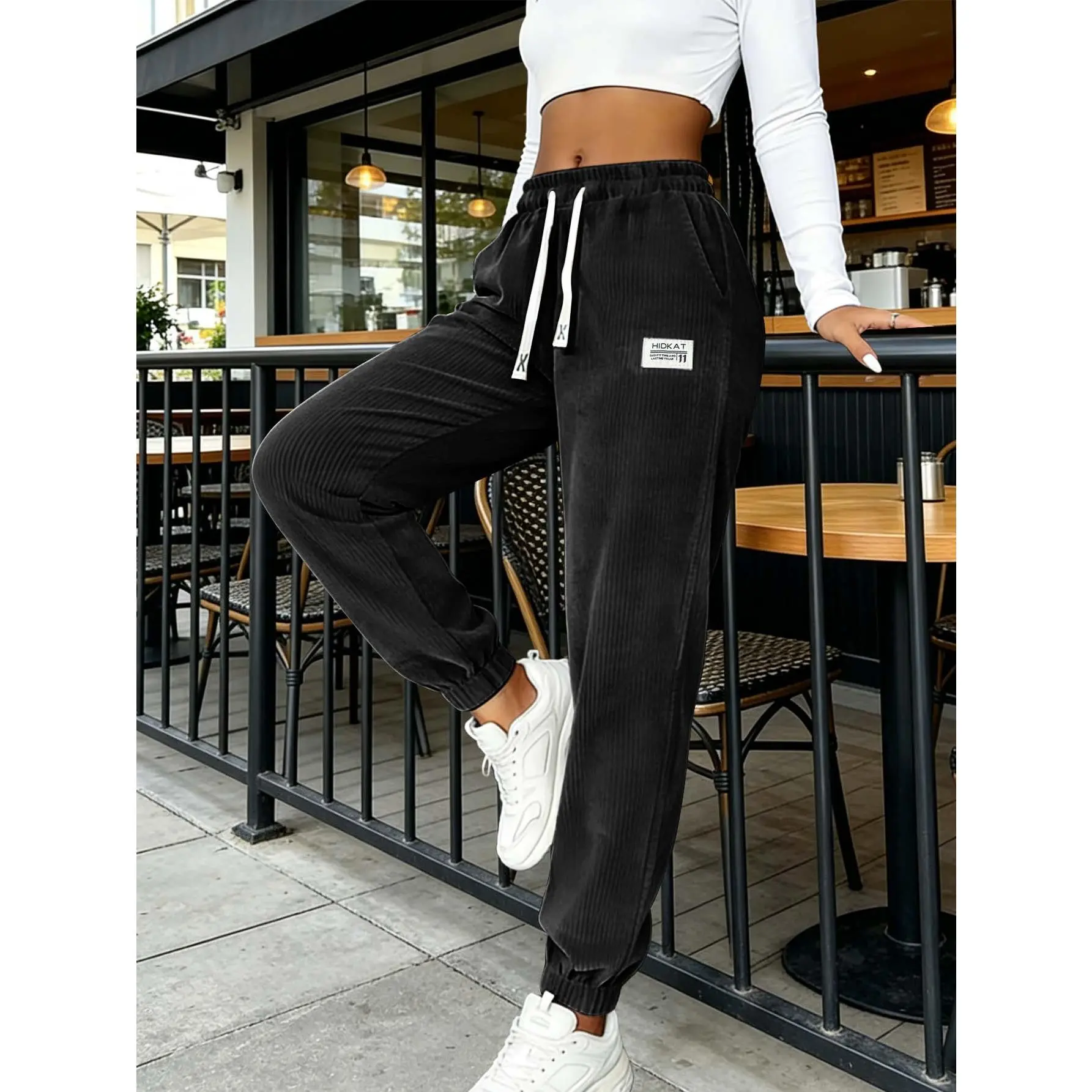 Women's Breathable Loose Jogger Sweatpants, Dual White Drawstring High Waist With Small Label Detail, Soft Cuffed Casual Trousers For Spring Autumn Daily Street Outfits