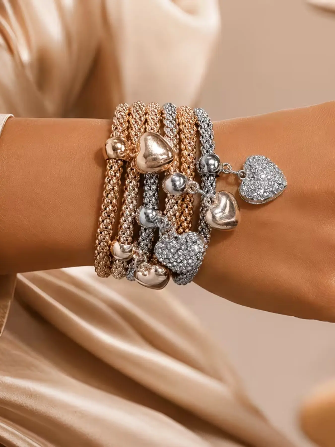 6pcs Women's Metallic Style Silver Color Heart Pendant Bracelet, Multi-Layer Stackable, Layered Bracelet Set, Fall Winter Jewelry, heart design bracelet, Gift Idea