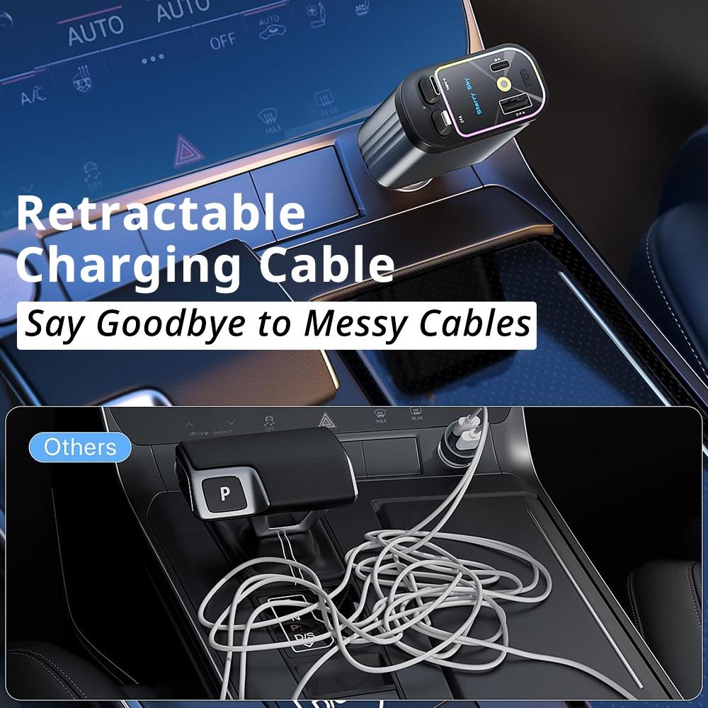 4 in 1 Car Charger, Retractable Car Charger, Dual Type C & Lightning Cable Car Charger, Universal Car Charger for iPhone 15/14/13 Pro Max & Samsung Galaxy S23