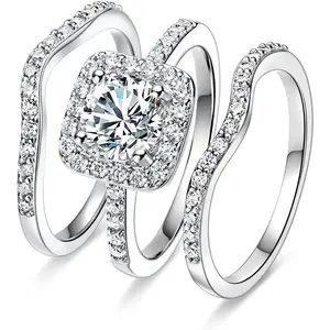 White Gold Plated Cubic Zirconia Three-in-One Halo Wedding Engagement Promise Eternity Ring for Women