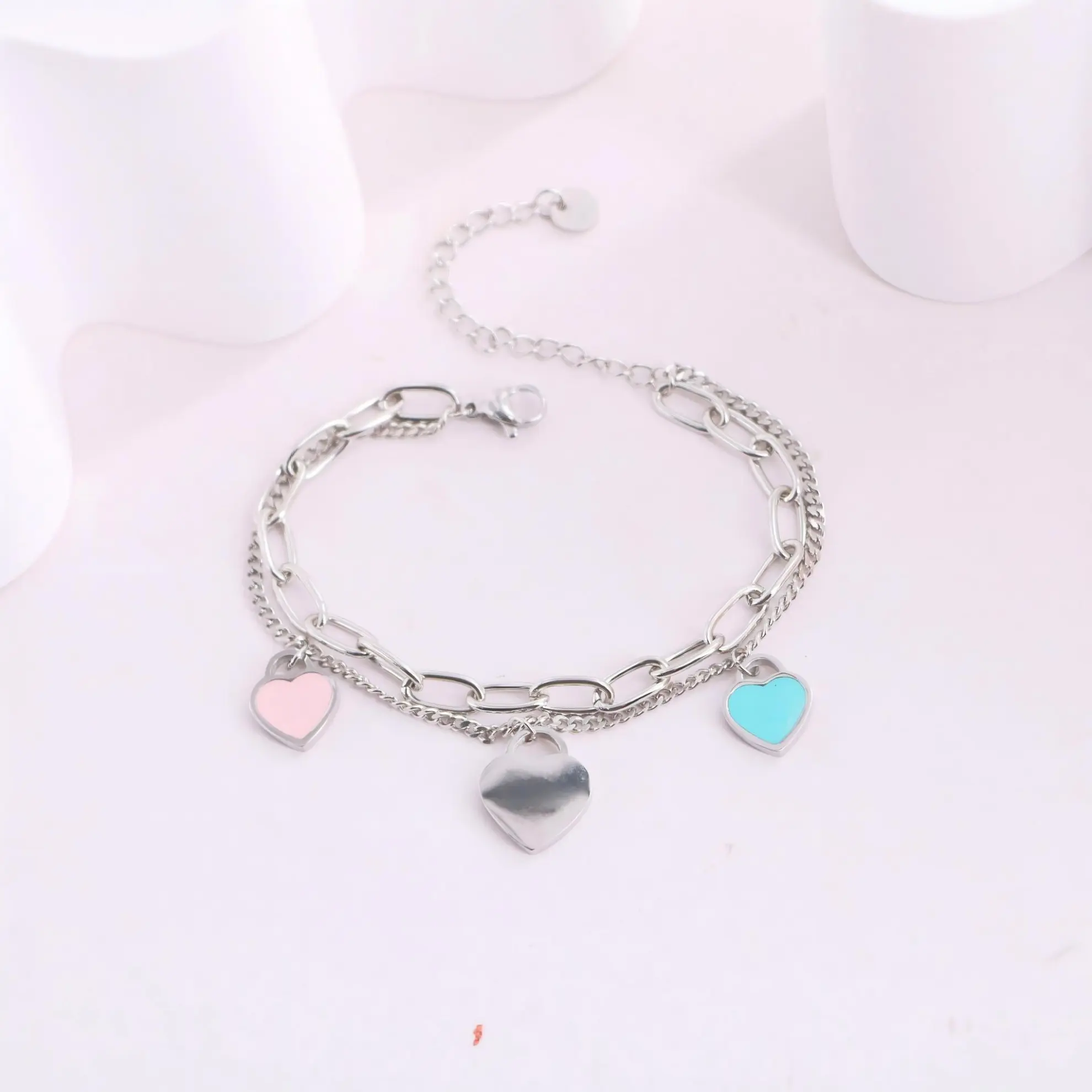 Titanium steel fashion girly pink and blue enamel (with text) heart pendant double-layer women's bracelet, versatile and suitable for all occasions