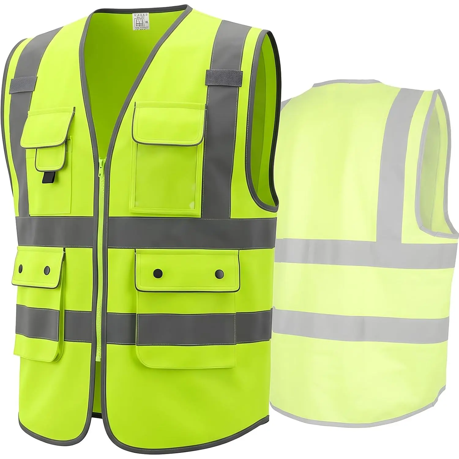 High Visibility Safety Vest Class 2 Zipper Front 9 Pockets Reflective Fabric Strips, ANSI/ISEA Compliant, for Construction, Road Work, High Vis Jobs & Outdoor Activities, Unisex Adults