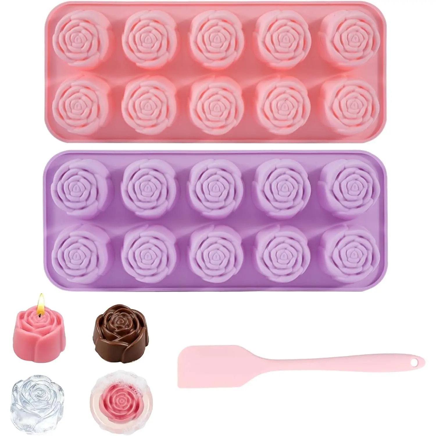 Rose   Molds, 2 Pack 20-Cavity Flower Candy Molds with Spatula, Non-Stick Baking Mold for , Gummies, Jelly, Ice Cubes (Rose Flower,  Set)