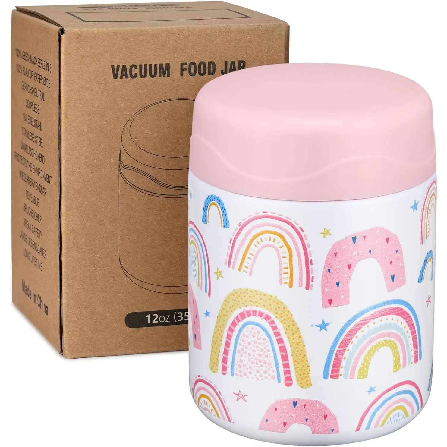 12oz Soup Thermo for Hot   Insulated  Jar Wide Mouth Lunch Container Leak Proof Stainless Steel Vacuum Bento Box for School Office Travel Outdoors White-Rainbow