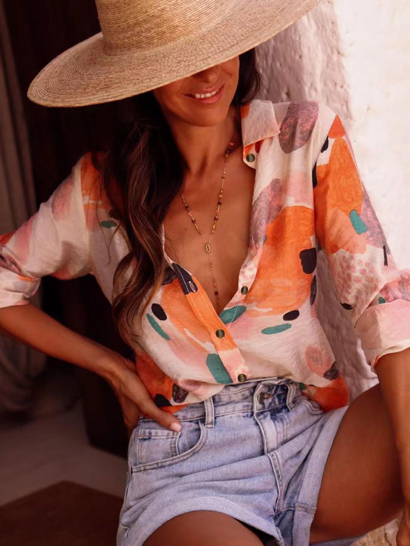 Women's All Over Print Fitted Blouse, Casual Classy Fashion Long Sleeve Button Closure Top for Daily Wear, Ladies Clothes for All Seasons, Shirts