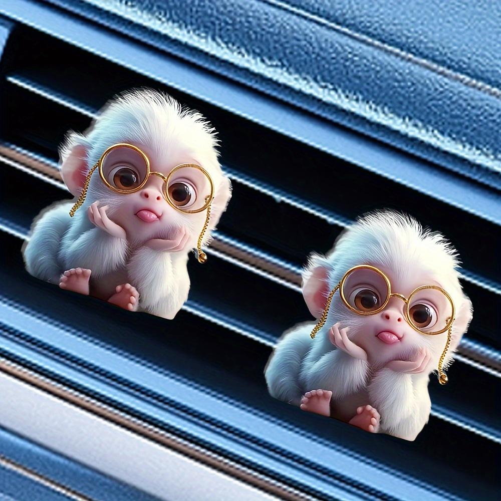 Cute Monkey Car Air Vent Clip Freshener with 2 Aromatherapy Tablets – Adorable Cartoon Design, Acrylic Decoration for Fresh Car Interiors, Includes Glasses & Bubbles Illustration, Funny Car Air Freshener