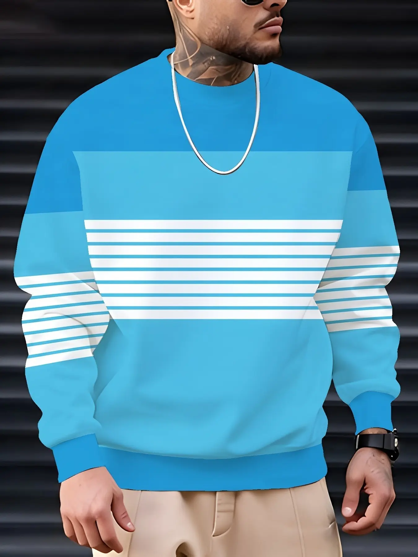 Men's round neck long sleeved sweatshirt with wide and thin stripe stitching, relaxed and casual style, versatile pullover top