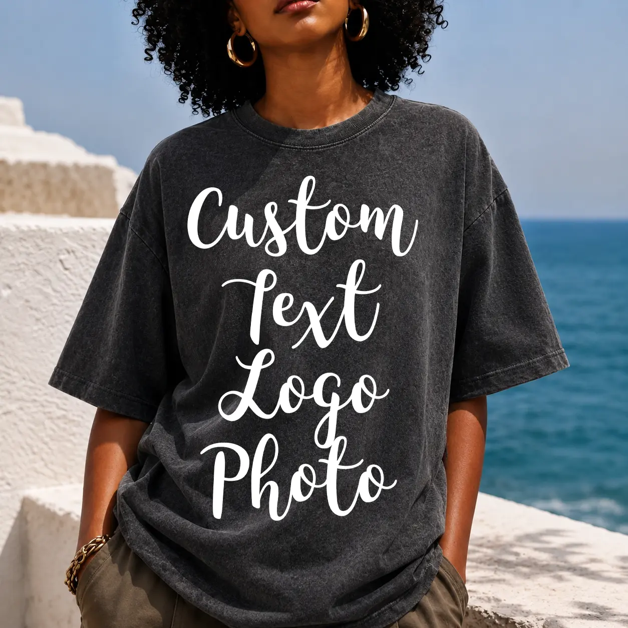 Women’s Personalized Custom Text Graphic T-Shirt, Vintage Washed Black Short Sleeve Crew Neck Tee, Custom Name Logo or Photo Print Casual Loose Fit Top for Daily Wear, Travel, Parties, Weekend Outfits & Personalized Gifts