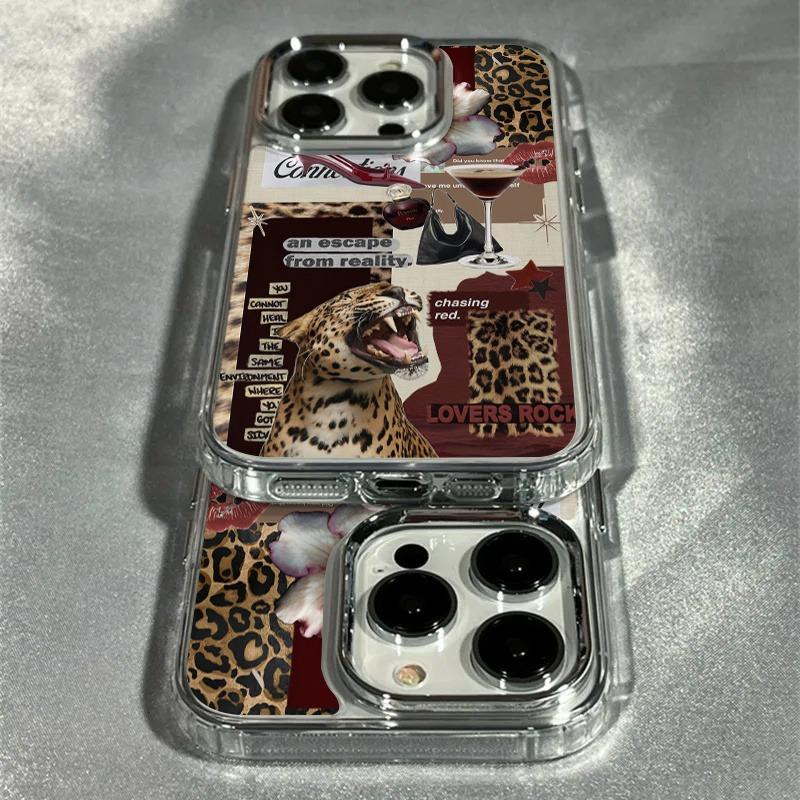 Phone Case for iPhone 17 Air Pro Max 16 15 14 13 12 Air Plus Pro Max Series Protective Cover，  Leopard Print Transparent Electroplated Lens Frame