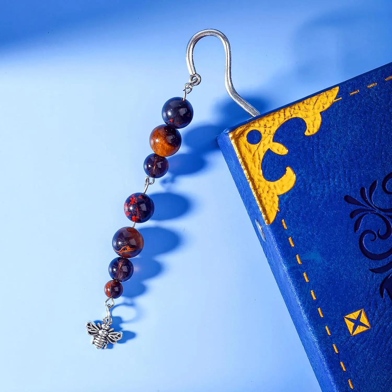 Metal  Bookmark Pendant with   Bead Chain–Elegant Bookmarks for Women,Men,Book Lovers,Teachers and Students(Tiger Eye)