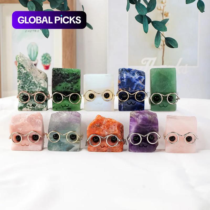 Random Color Natural Crystal Gemstone Pet Figurines with Glasses, 1/3/5 Counts DIY Handmade Crystal Carving Fengshui Sculptures, Pet Memorial Ornaments, Home Garden Decor Natural Crystal Set