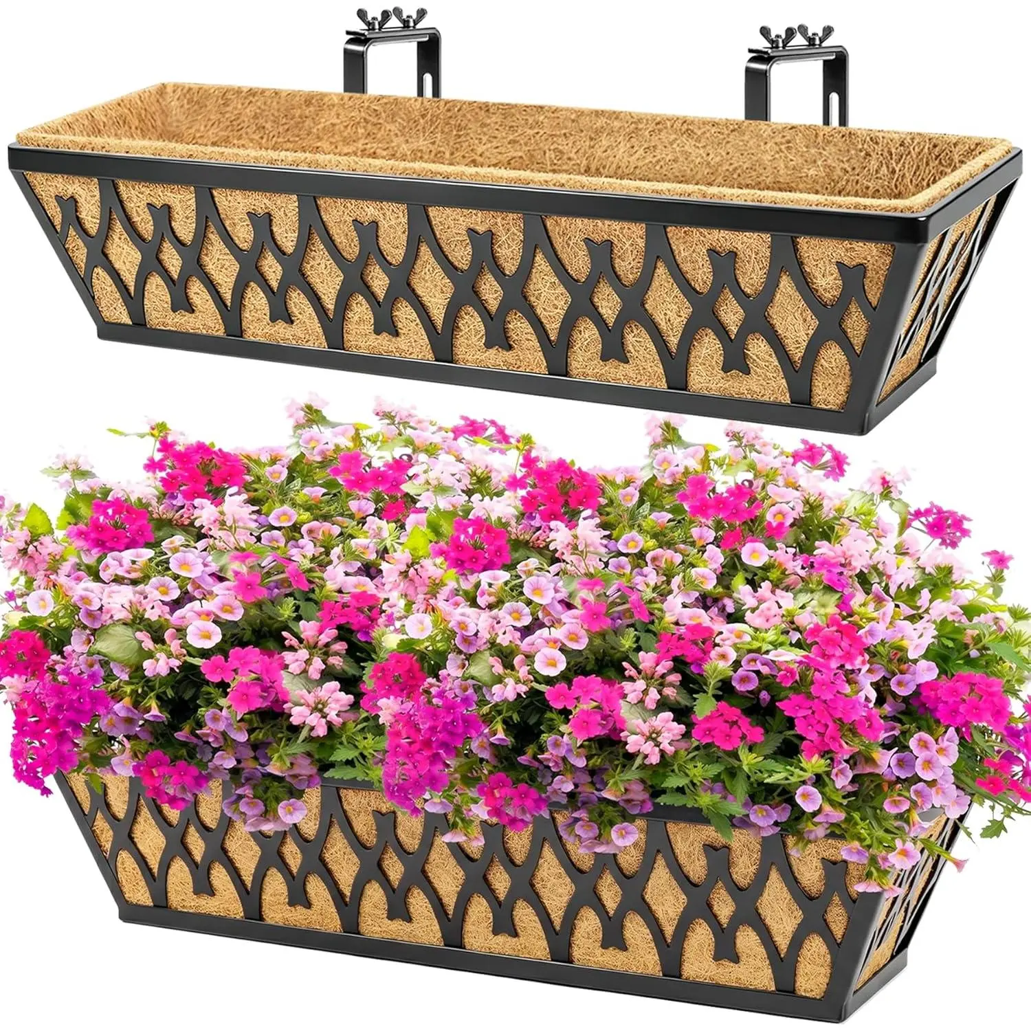 2 Pack 24 Inch Window Boxes Planters Railing Planter Box with Adjustable Brackets for Porch Fence Patio Balcony Hanging Flower Baskets with Coco Liners for Outdoor Garden Décor - Black