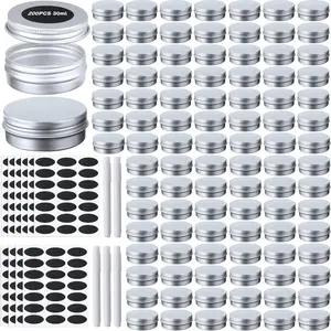 Zubebe 200 Pack Metal Tins with Lids Bulk Screw Top Aluminum Tin Containers Round Tin Cans for Cosmetic Lip Balm DIY Salves Candles Wax with 5 Markers 10 Sheets Label Stickers (Silver,1 oz)
