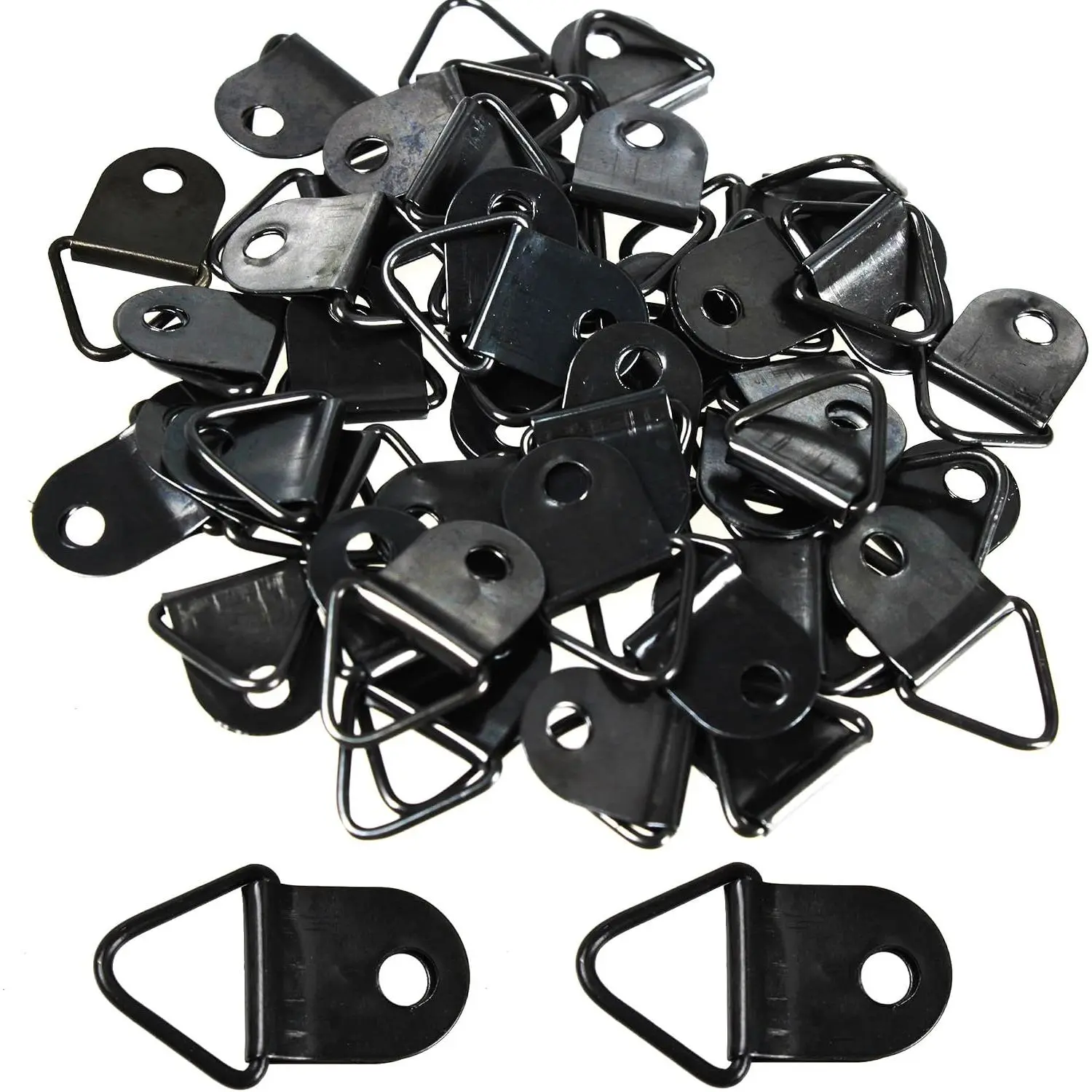 100 count Small Triangle D-Ring Picture Hangers with Screws, Picture Hang Solutions, Black Metal Frame Hooks Hardware for  Clocks, Paintings, Artwork, Photos, Mirror