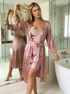 @Shopwithjulie Collection 2 Piece Set, Womenswear, Women's Lady Fitted Casual Floral Print Pyjama Set, Cowl Neck Cami Soft Casual Nightdress & Belted Pj Robe, Fall Outfits, Women Sleepwear Loungewear Set, Long Sleeve, Style, Sleepwear Homewear Clothes