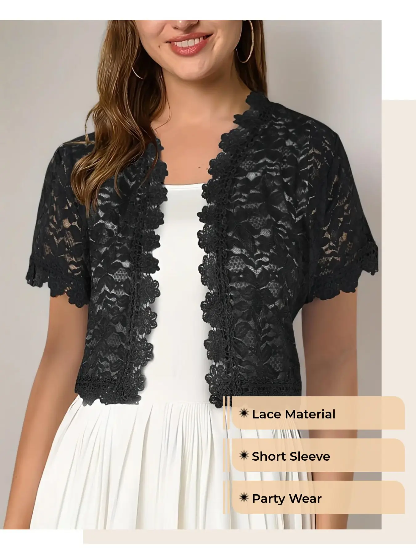 Women's Elegant Short Sleeve Lace Lightweight Jacket, Perfect for Parties, Stylish Ladies' Outerwear, Comfortable and Chic Design, Womenswear
