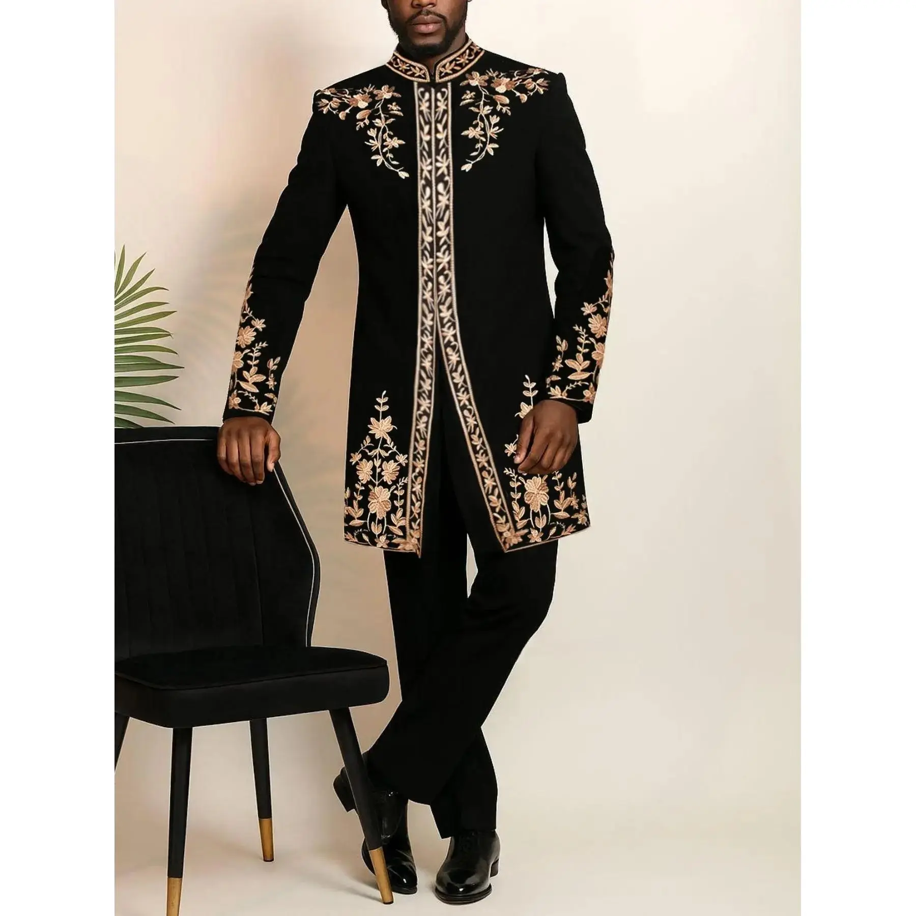 Men's New Arrival 2-Piece Set, Long Sleeve Stand Collar Embroidered Jacket, Drawstring Waist Pants, Casual & Formal Wear, Suits, Casual Fashion Set, Blazer Trouser Set, Casual Style Set