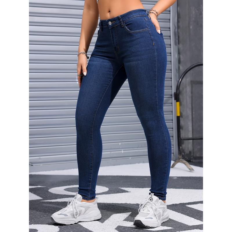 High Stretch Slim Fit Blue Denim Jeans - Soft, Comfortable, and Elegant Womens Casual Pants with Slant Pockets - Hand Wash Only, All-Season Wear, No Printing, Woven Fabric