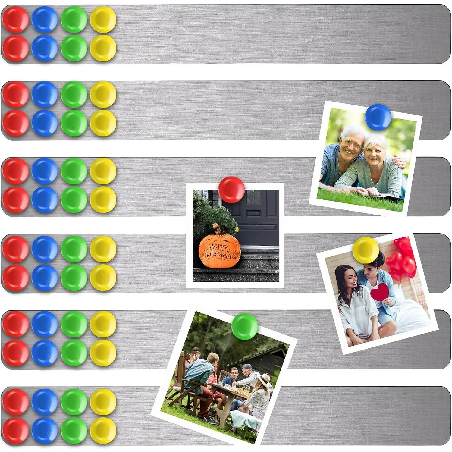 6 Pcs Wall 15" x 2", 48 Magnets, Silver| display for notes, photos and memos; for office, home, classroom and workspace.