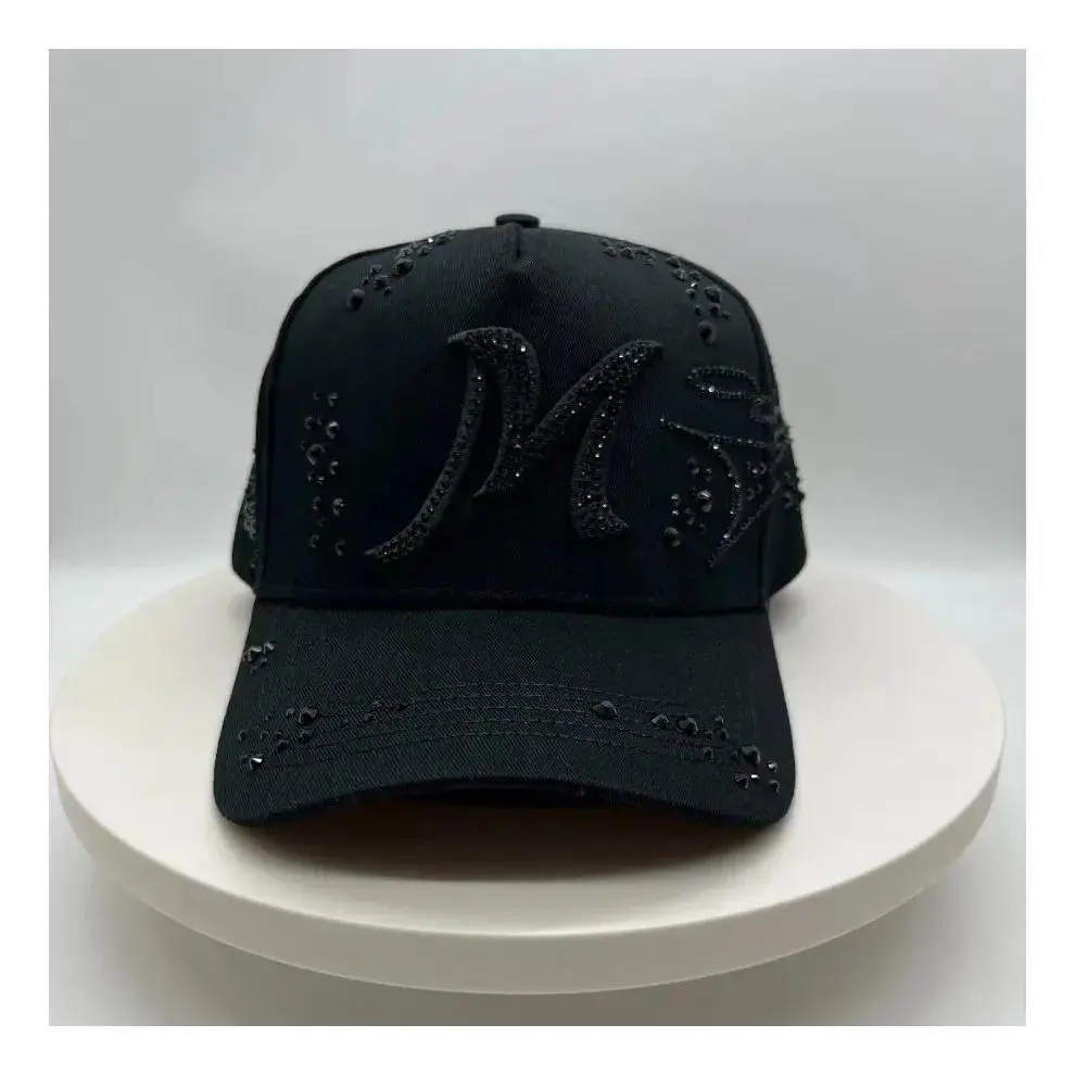 All-black baseball cap, one size fits all, gothic style, fully embellished with rhinestone embroidery, hard-top street style, unisex