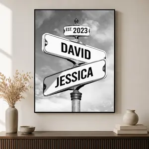 Personalized Vintage Street Sign Canvas for Couples Custom Name Date Crossroad Wall Art Wedding Anniversary Valentine’s Day Christmas Custom Poster Glossy Hand Stretched Ornaments Room Decoration, Personalized Couple Gift, Romantic Home Decor