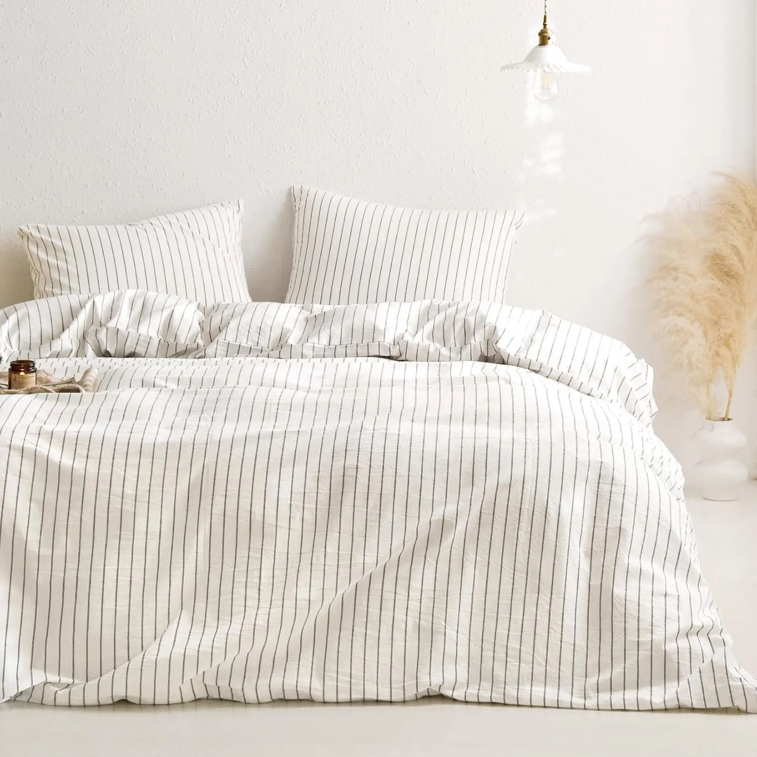 Striped Cotton Duvet Cover Set, Ticking Stripe Vertical Pinstripe Farmhouse, 100% Washed Cotton Textured Bedding Set, 3 Pieces, White, Queen Size