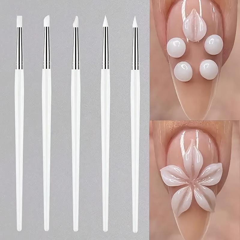5-Piece Nail Art Brush Set with Silicone Tips, Manicure Brush, Professional Tools for Trimming, Engraving, Embossing & Dotting Acrylic Nails