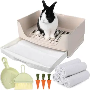 Large Corner Rabbit Litter Box Bunny Potty Training Pan with Drawer Comes with Liners Pee Pads, Small Animal Toilet for Adult Guinea Pig Ferret Hamster Bunnies