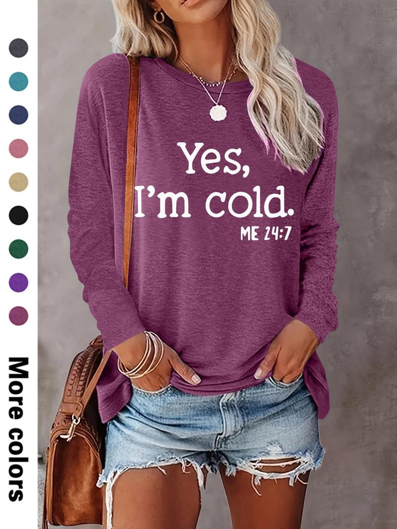 Women's Letter Print Round Neck T-shirts, Casual Long Sleeve Crew Neck T-shirts for Spring & Fall, Fashion Women's Top for Daily Wear