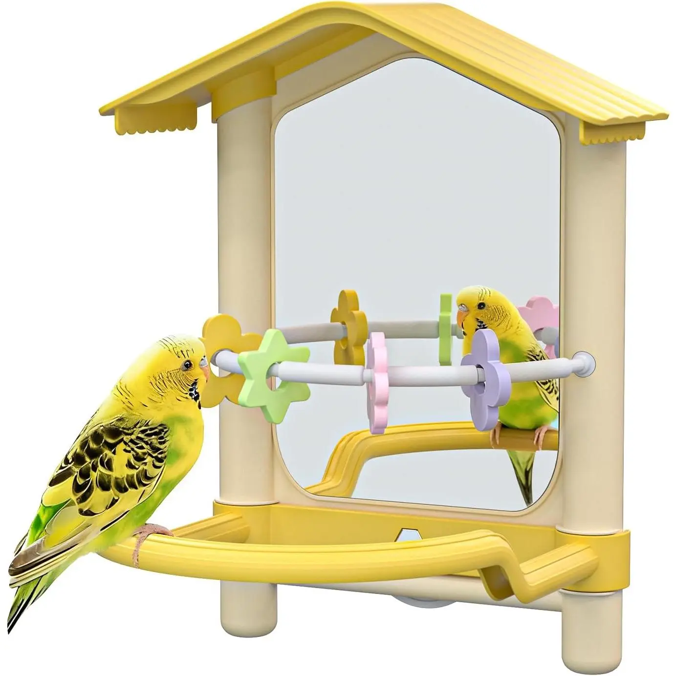 8.1 Inch Pet Bird Mirror with Perch Stand and Parakeet Chew Toys, Bird Cage Decorative Accessory, Helps Birds Release Stress for Canaries Budgies Lovebirds Conures Cockatiels (Yellow)