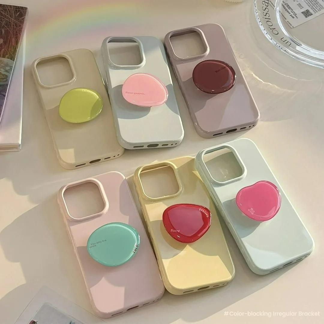 Korean Style Simple Solid Colors With Phone Holder Stand Case For iPhone 17 16 15 14 13 12 Pro Max Shockproof Protective Cover﻿