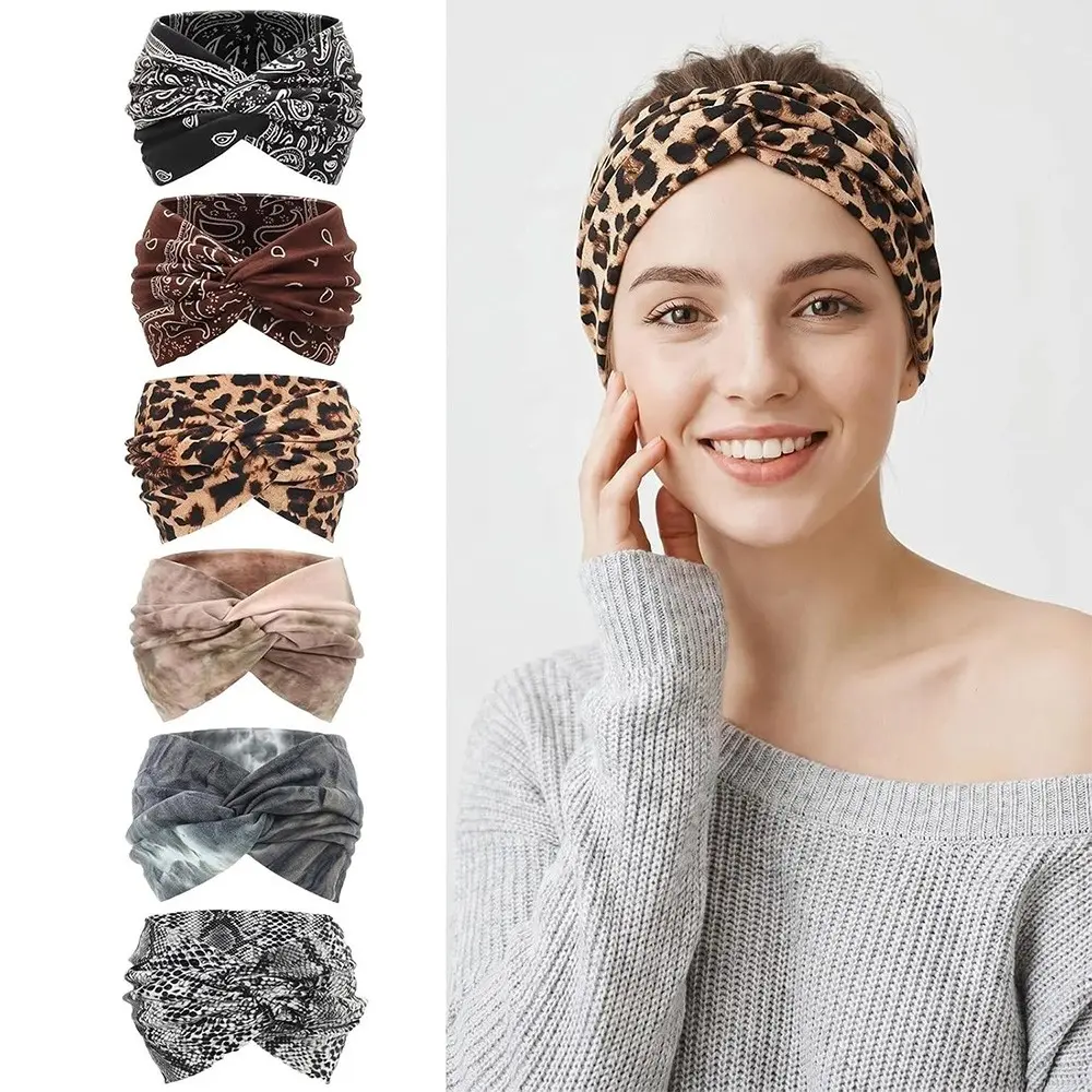 Ladies' 6pcs cashew tie dye print combination wide edge headband with floral headscarf cross design, Paisley print hair accessory wide edge sports headband for yoga, sweat absorption, hair tie headband, Printed Cross Yoga Headband