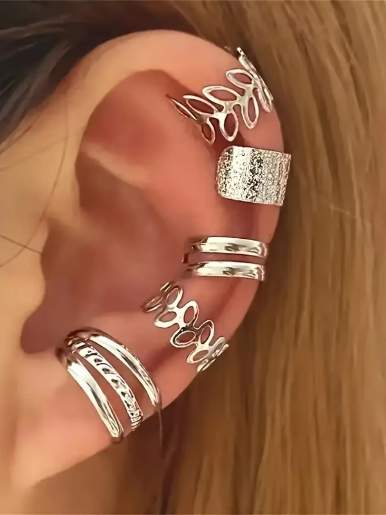 5-Pcs Ear Cuff Set, Non-Piercing Leaf & Multi-Band Clips, Stackable Cartilage Cuffs, Minimalist Hollow & Textured Wraps, Women's Jewelry, Non Piercing Earrings