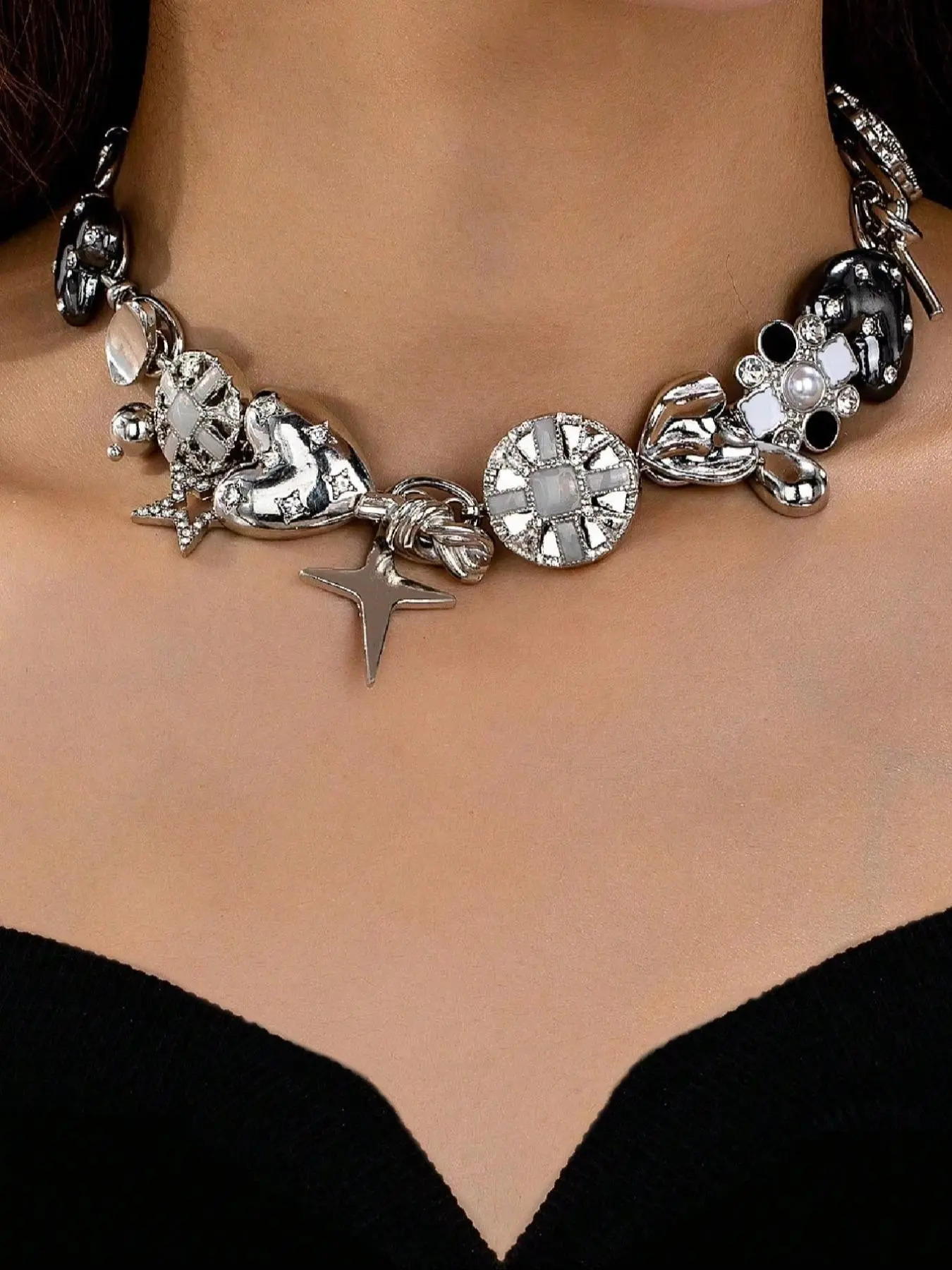Star Heart Retro Punk Necklace, Alloy Pendant Necklace, Vintage Style Jewelry, Unique Fashion Accessory, Perfect for Daily Wear, Trendy Statement Piece