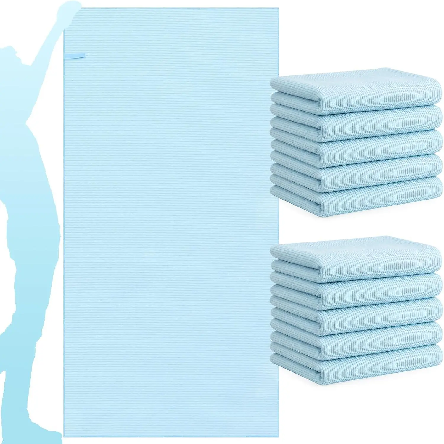 EBOOT 10 Pack Oversized Beach Towel Set Extra Large Pool Towels Microfiber Quick Dry Swim Blanket for Adult Women Men Face Hand Body Bath Travel Pool(Light Blue,31 x 63 Inch,Micro Stripe)