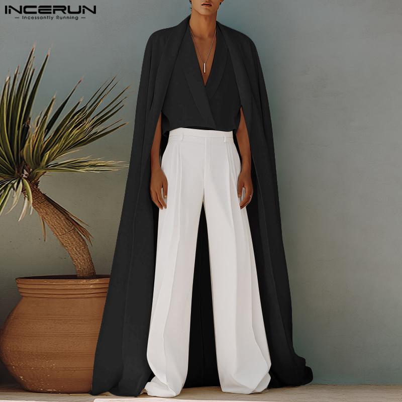 INCERUN Men's Avant-garde Cross Collar Solid Color Cape False Two-piece Long Shirt