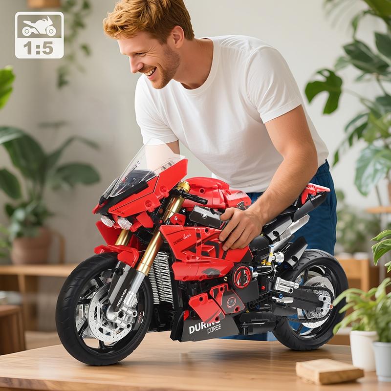 2000+pcs Red V4S Motorcycle Building Kit, DIY Model Kit, 1:5 Scale Large Racing Model Set, Perfect Gift for Motorbike Enthusiasts, Youth & Adults