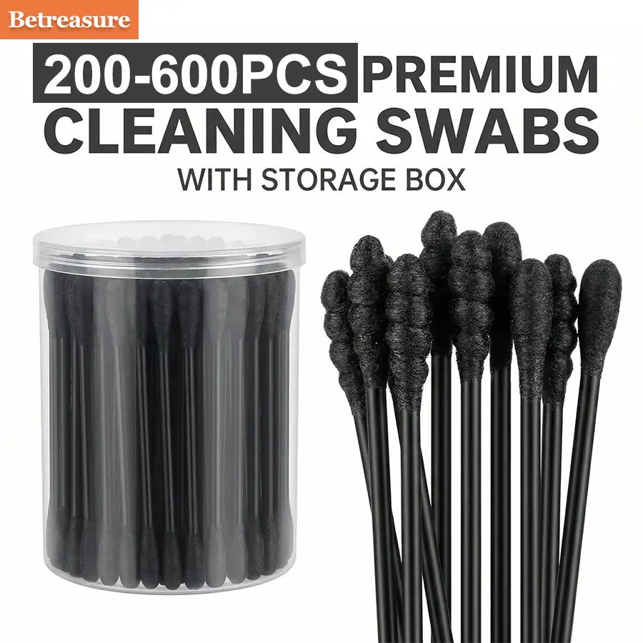 Betreasure Box Black Double Headed Cleaning Stick 200/400/600 pieces, including storage box, disposable item, used for ear cleaning, makeup, wound care, crevice cleaning, compact and easy to use, household cleaning stick, hygiene cleaning label