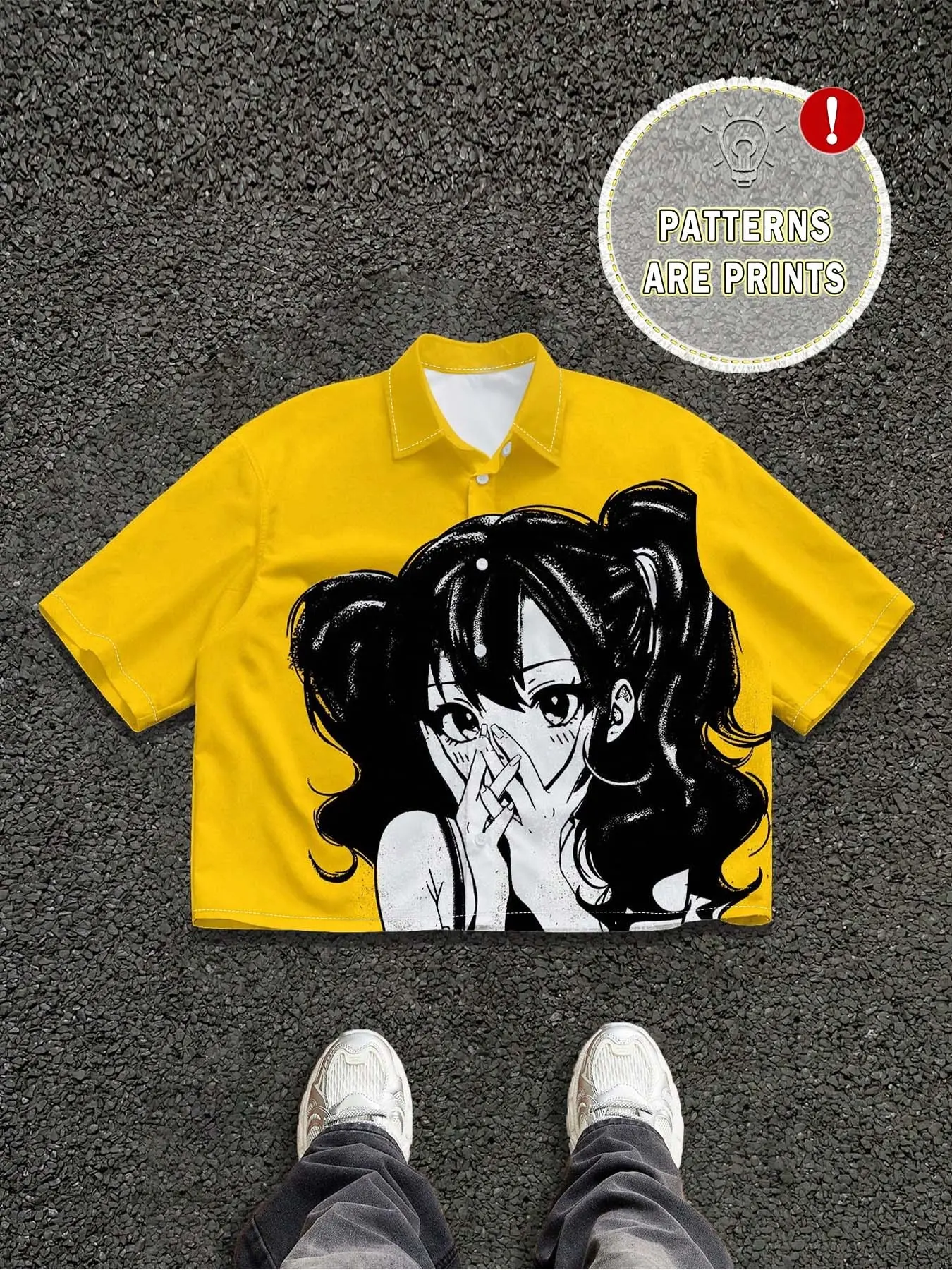 Men's Casual Loose-Fitting Oversized Short Sleeve Shirt, Streetwear Anime Comic Style, Trendy Brand Open Cardigan, Comfortable and Stylish Top