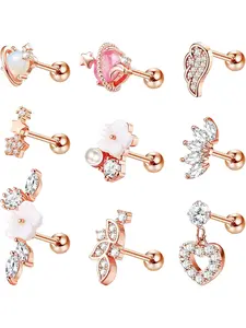 9 Pcs for Women Men 16G Cartilage Earrings Stainless Steel CZ Heart Wing Helix Conch Tragus Cartilage Stud Barbell Ear Piercing Jewelry Hypoallergenic Comfort Fit Durable Gift Box Packed for Birthday Anniversary Christmas Daily Wear