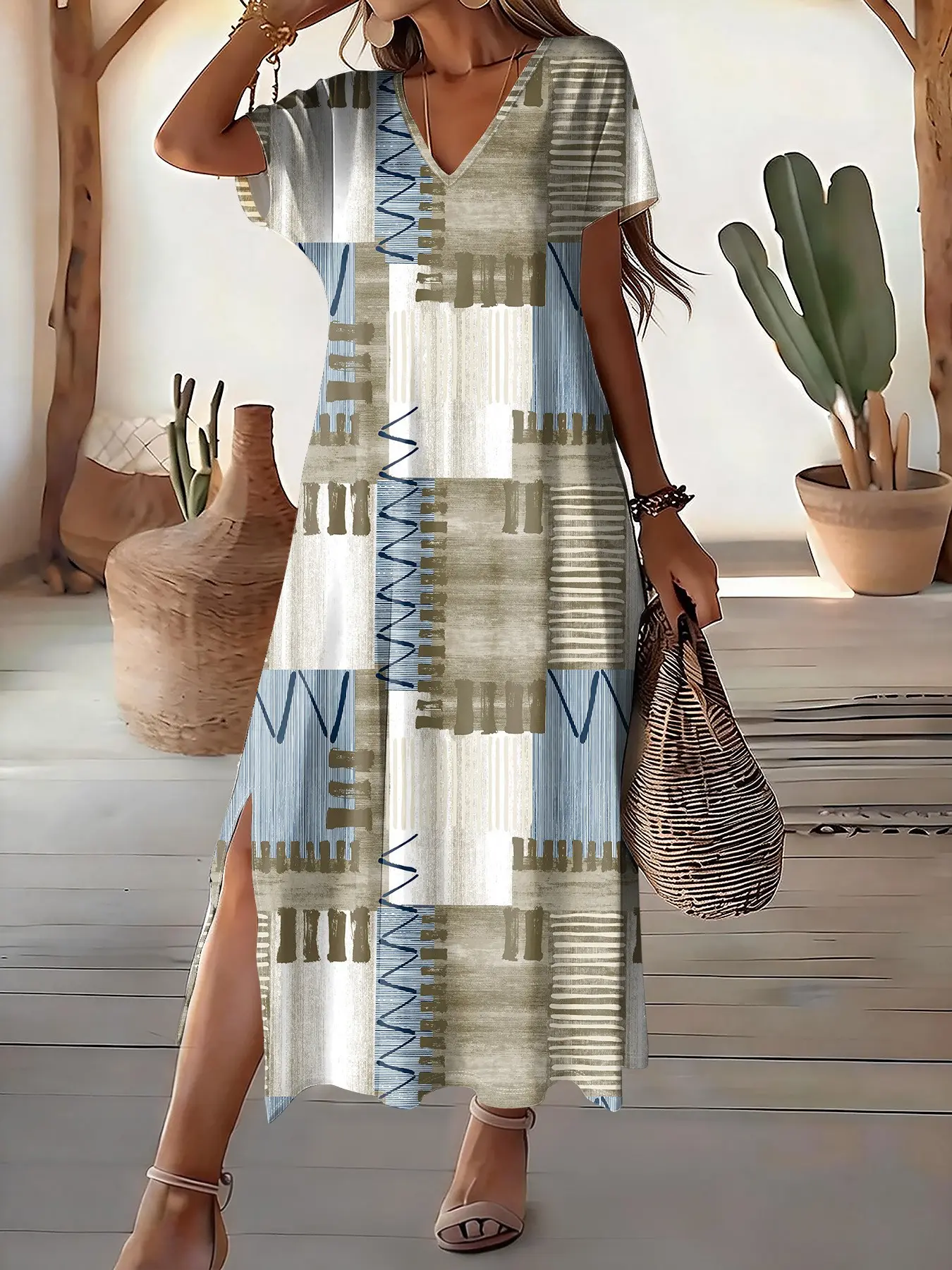 Vintage Geometric Patchwork Print Summer Dress, Women's V-Neck Loose Medium-Length Dress, Shoulder Puff Sleeves, Side Slits, Casual Bohemian Chic Wear Style