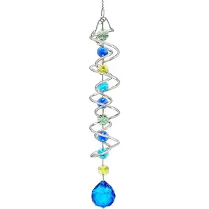 20.5inch Gazing Ball Spiral Tail,Decorative Wind Spinner Sun Catcher,Rainbow Maker Double-Spiral W/Sea Blue Crystal Ball and Chain,Glass Crystals for Indoor Outdoor Decoration