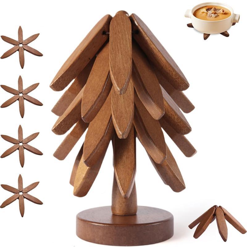 2026New model Natural Tree Trivet Set - 4/5Wooden Trivets & 1 Stand - Heat-Resistant Foldable Design - Durable & High-Quality Solid Wood - Ideal for Hot Dishes, Pots, Bowls, Teapots - Kitchenware & Tableware Coasters Coffee Table Mat