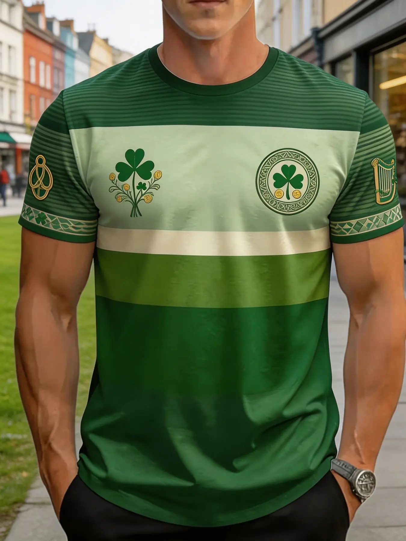 Men's Theme Short Sleeve, Clover 3D Print, Gradient Round Neck Top, Casual Loose Fit, Breathable Sports Tee, All Seasons
