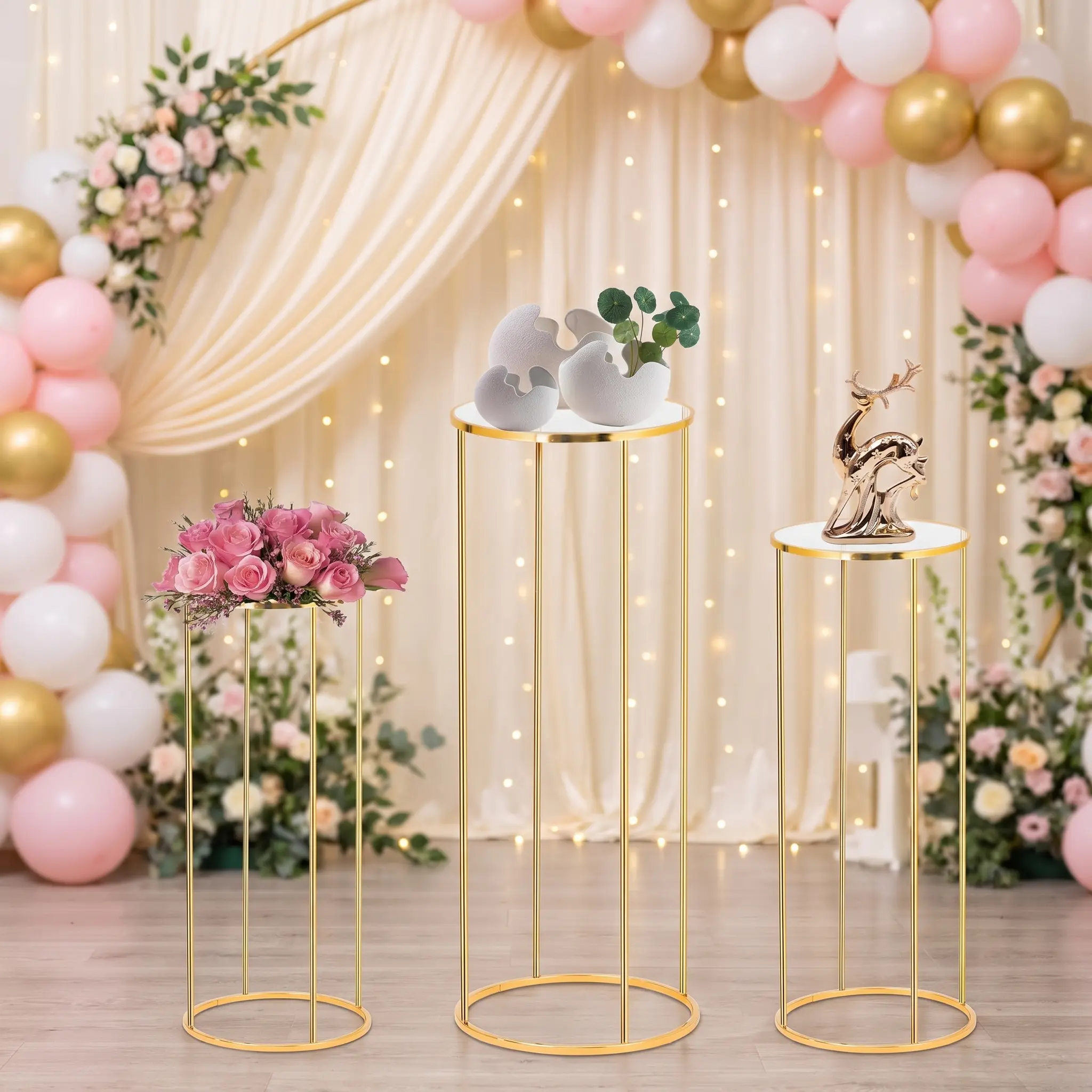 3PCS Cylinder Pedestal Stands for Parties, Gold Metal Plant Round Cylinder Stands for Party Flowers, Display Columns Pedestal Stand Cylinder Tables for Vases Birthday Party Backdrop Decorations