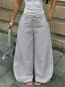 1 Piece Casual Thin Vertical Striped High Waist Adjustable Drawstring Tie Design Flowy Loose Extra Long Floor-Length Height Enhancing Wide Leg Sweat Pants